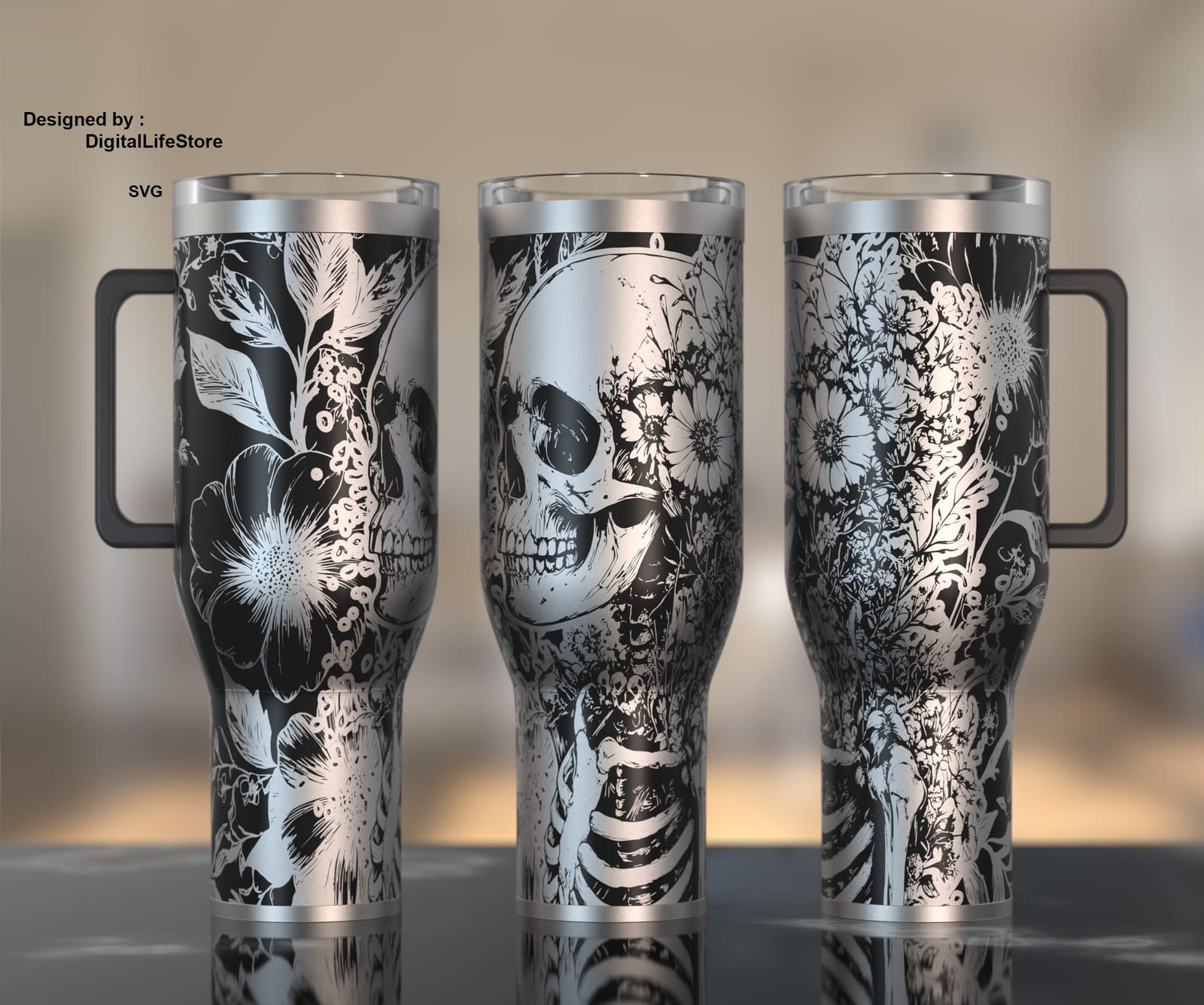 Floral Skeleton 40oz Tumbler Engraving SVG preview