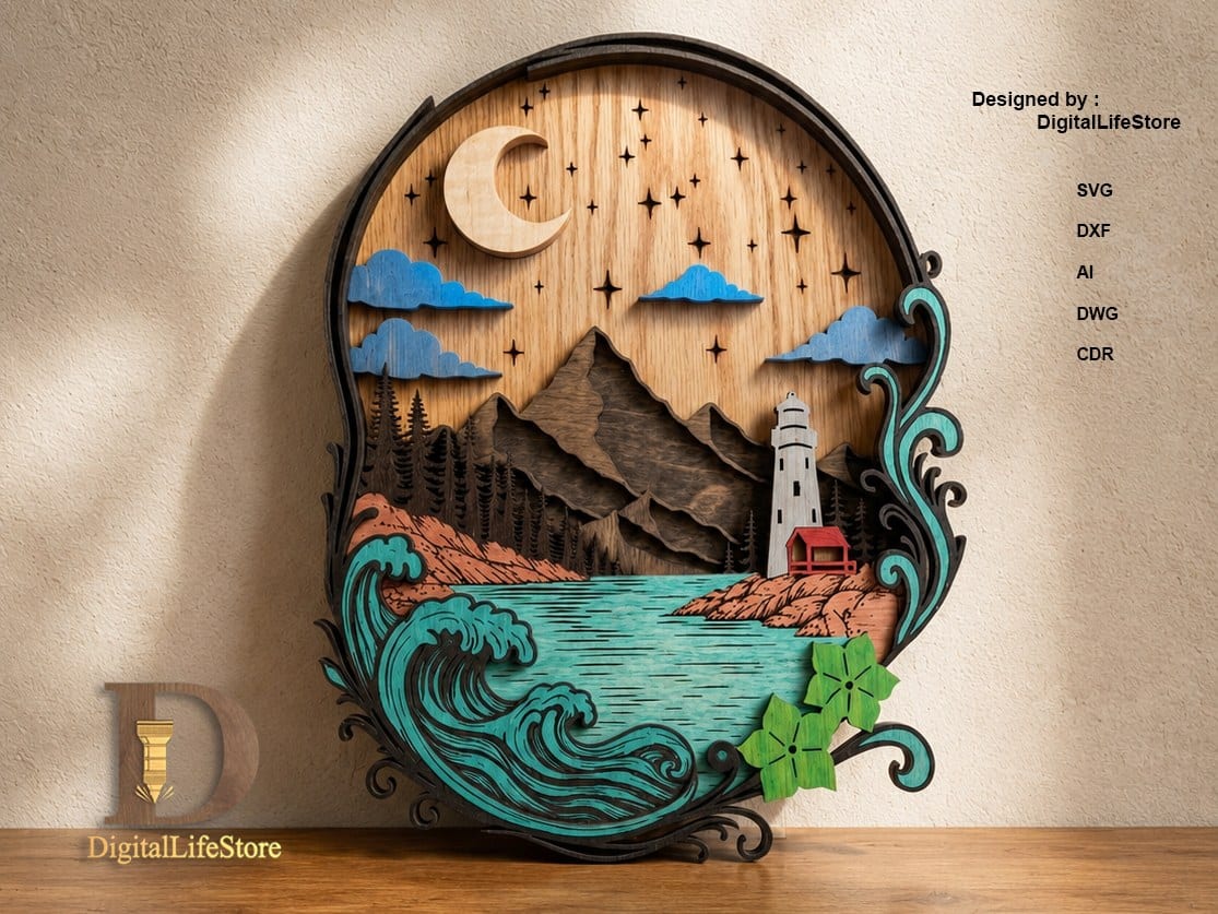 Layered Laser Cut Files, Lighthouse Ocean Wave Wall Decor, Coastal laser cut Files preview