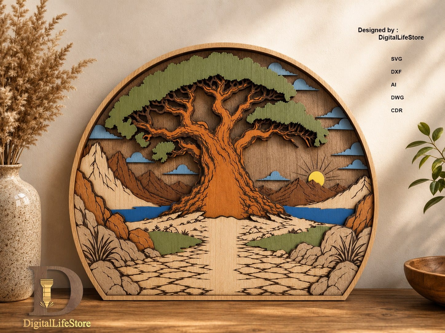 Layered Tree of Life Laser Cut File, Mountain Landscape SVG cut files preview