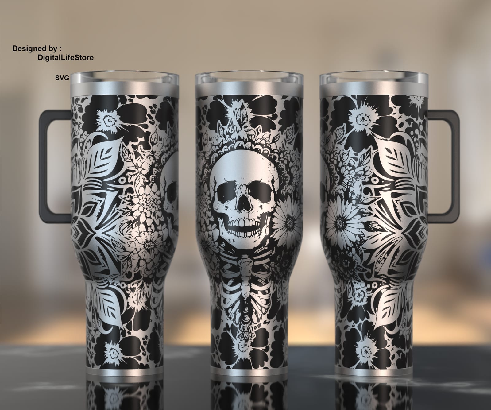 Skull and Flowers 40oz Tumbler Engraving SVG preview
