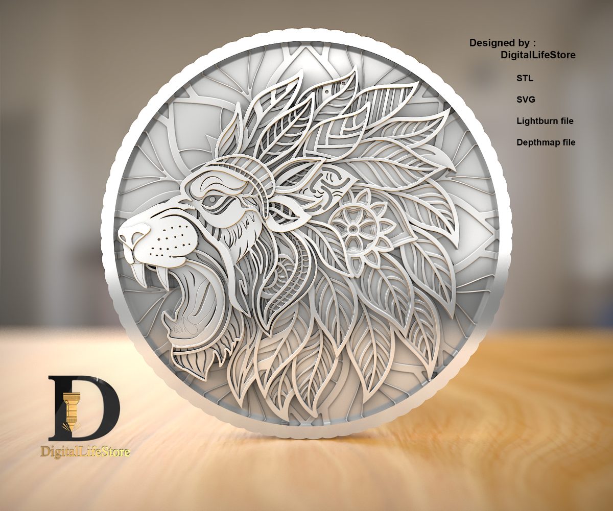 Mandala lion fiber laser 3D engraving file preview