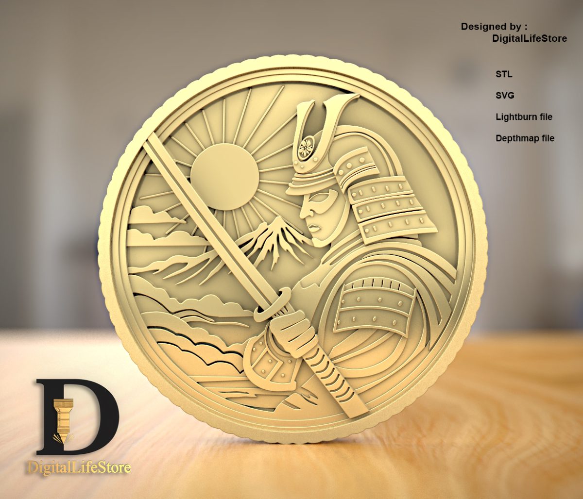 Samurai coin fiber laser 3D engraving file preview