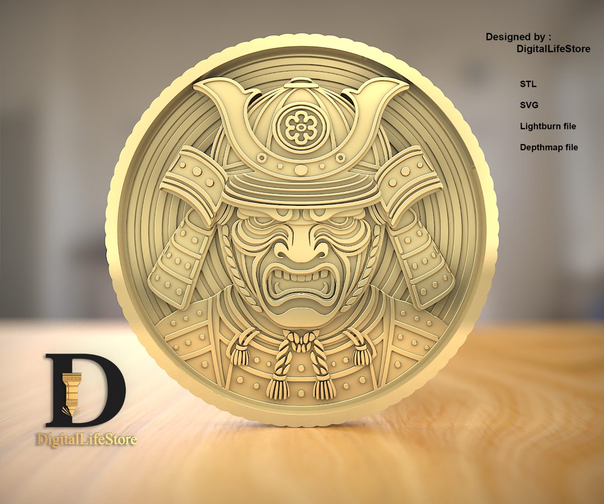 Samurai face coin fiber laser file preview
