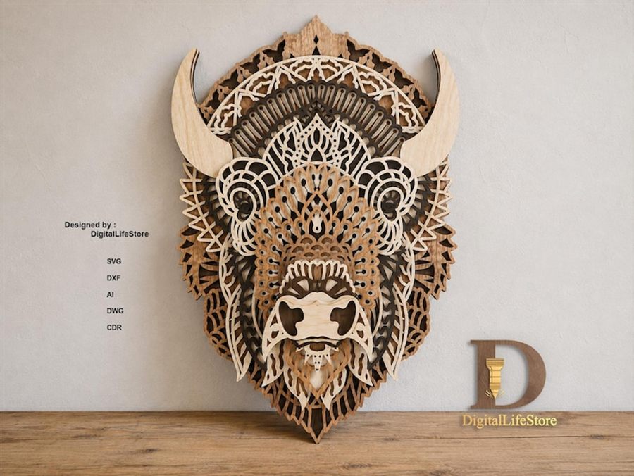 Bison mandala multilayer laser cut file preview