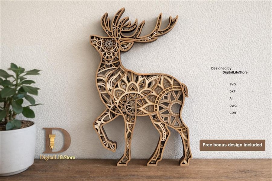 Deer mandala multilayer laser cut file preview