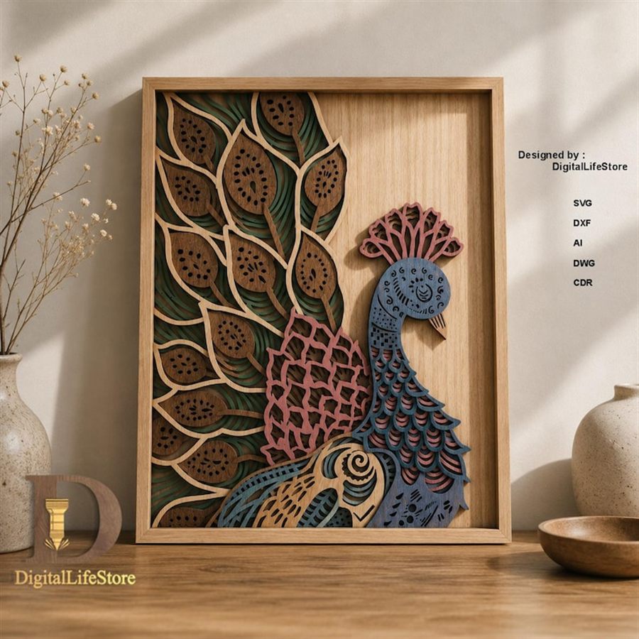 Layered peacock laser cut file preview