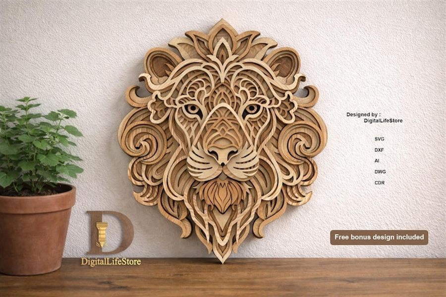 Lion mandala multilayer laser cut file preview