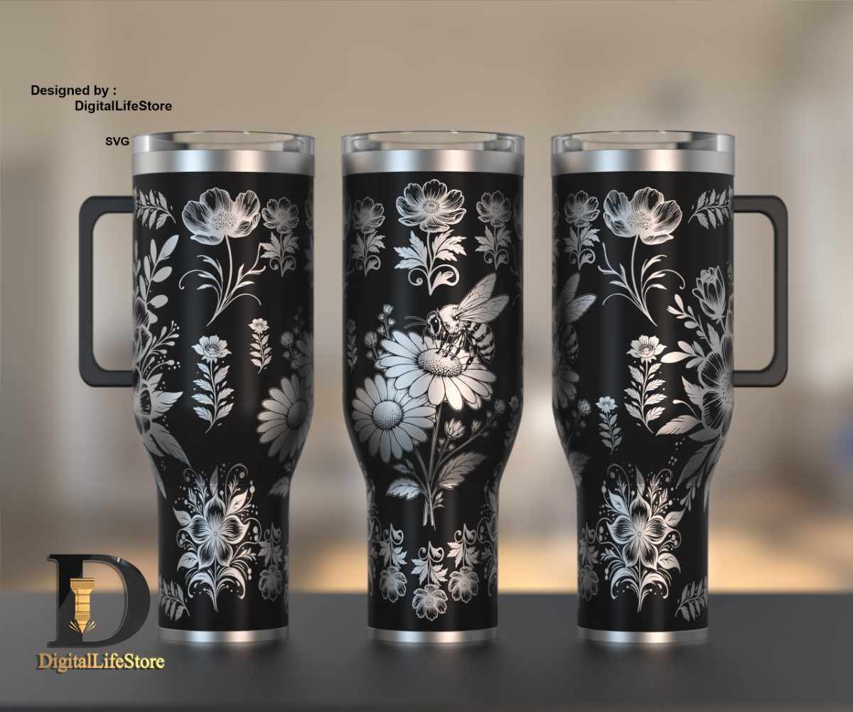 Bees and flower 40oz tumbler engraving design preview