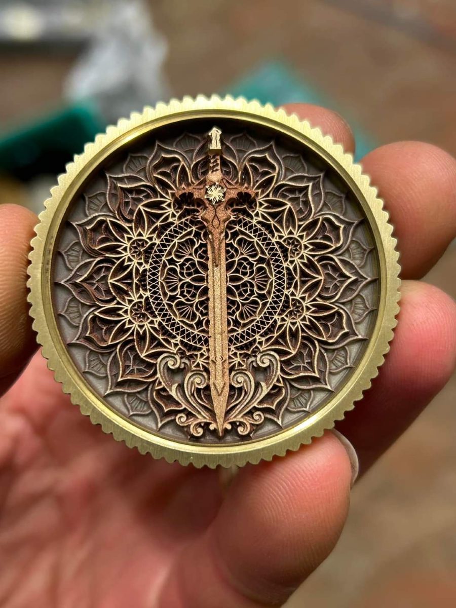 Real fiber laser engraved sword medallion photo