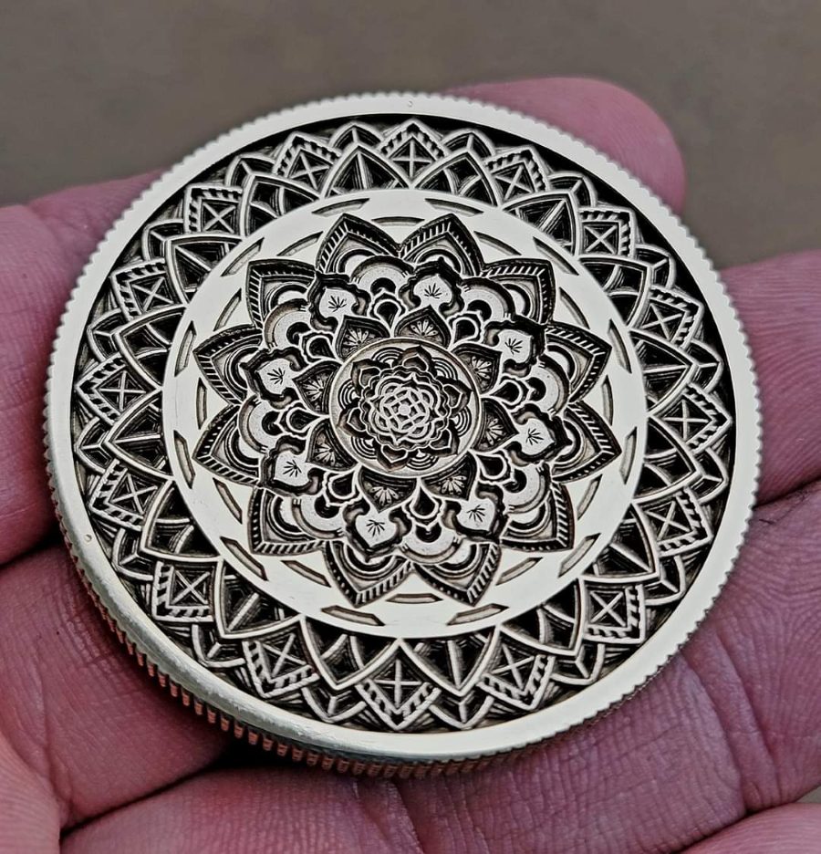 Real fiber laser engraved white mandala medallion photo