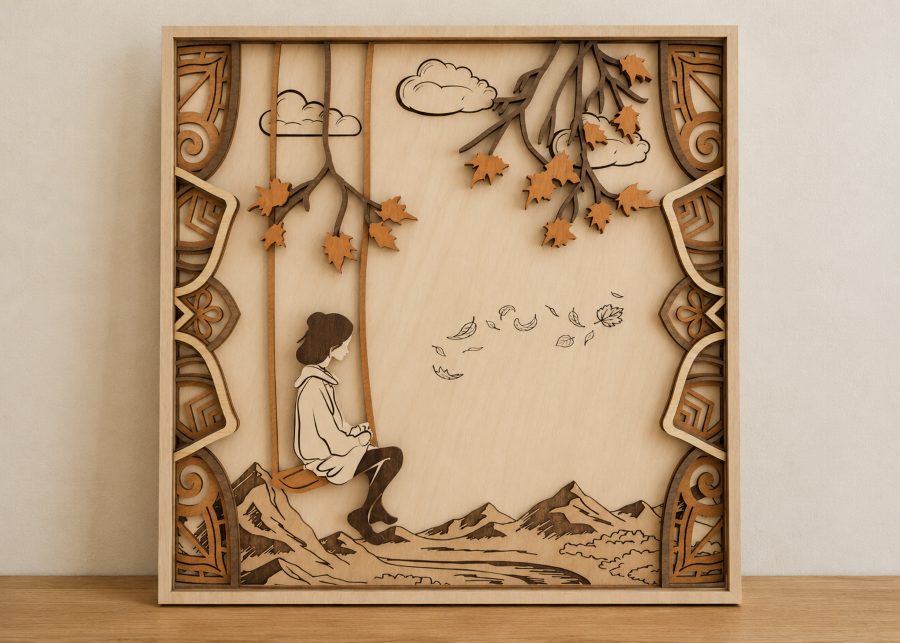 Layered fall wall decor with a girl on a swing