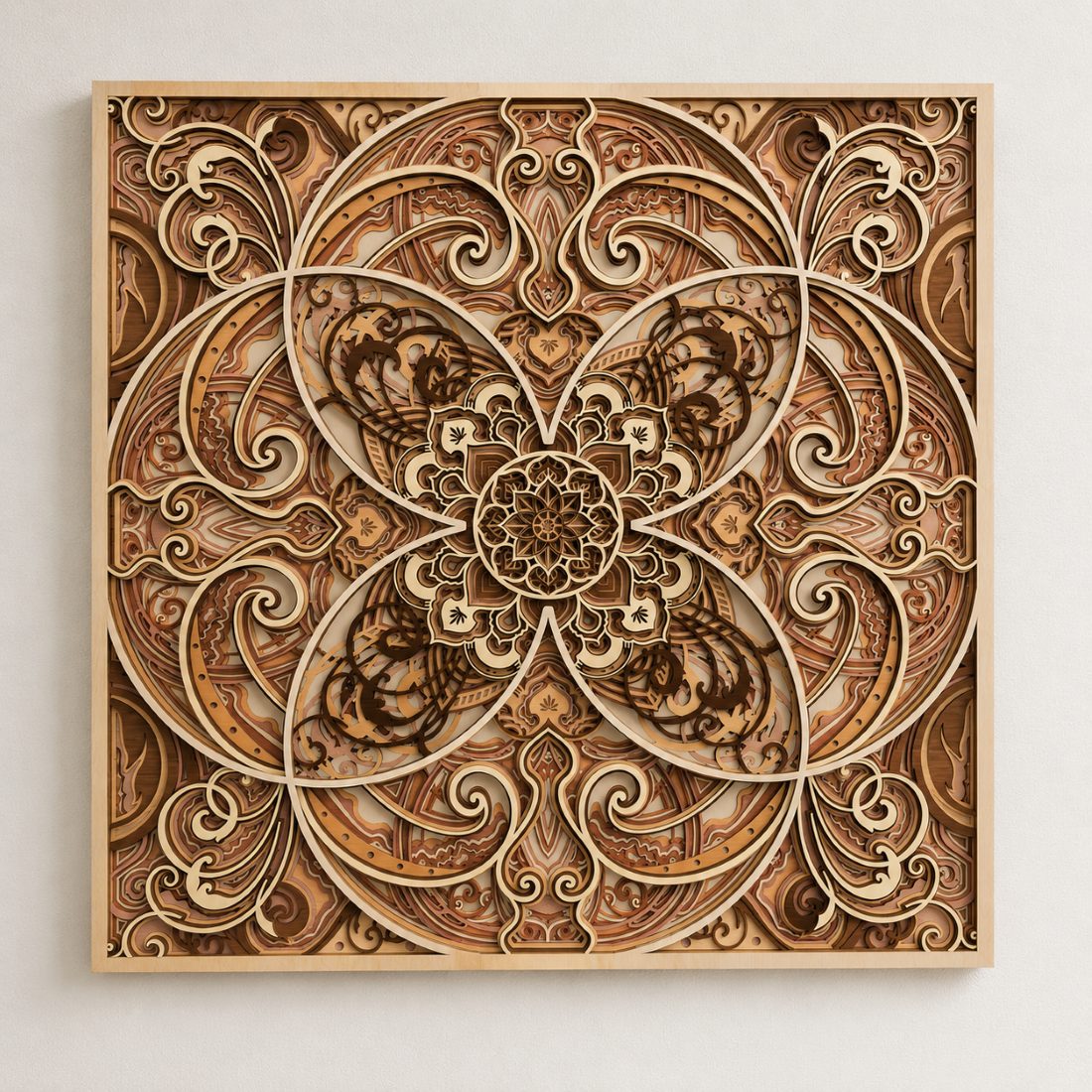 Square layered wood mandala wall art design