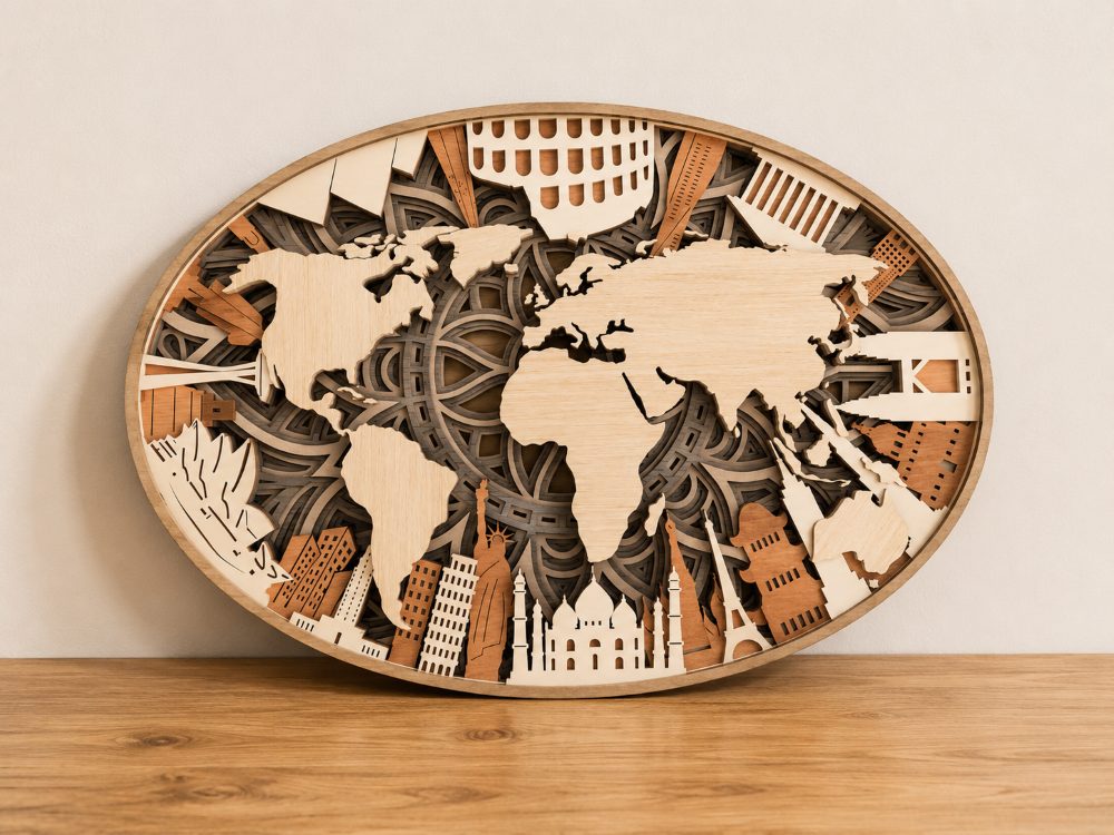 Layered world map wall decor design